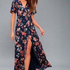 Lulu's Divine Days Navy Blue Floral Print Wrap Maxi Dress S